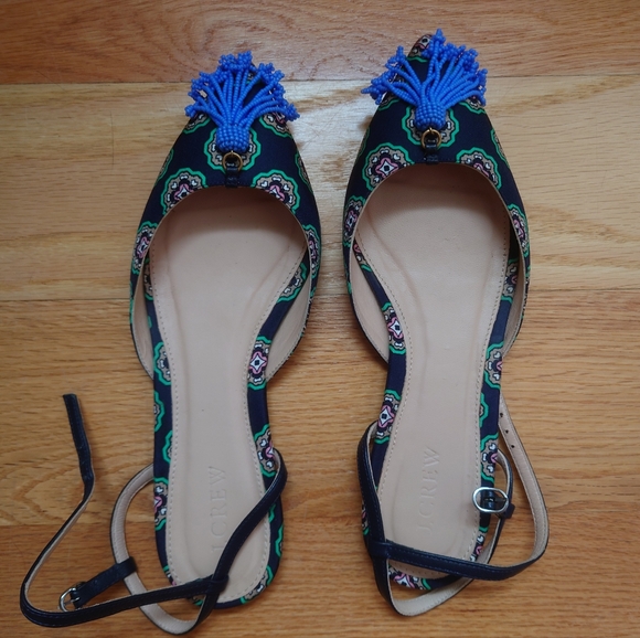 J.Crew Sz5.5-6 foulard Moroccan print flats with periwinkle beaded tassels - Picture 3 of 10